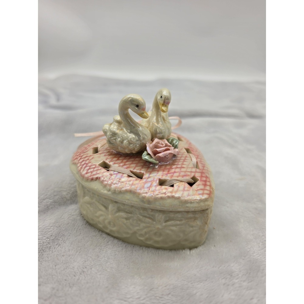 Vintage Swan Trinket Jewelry Box Heart Shape Pink Rose Iridescent Y2K Mini